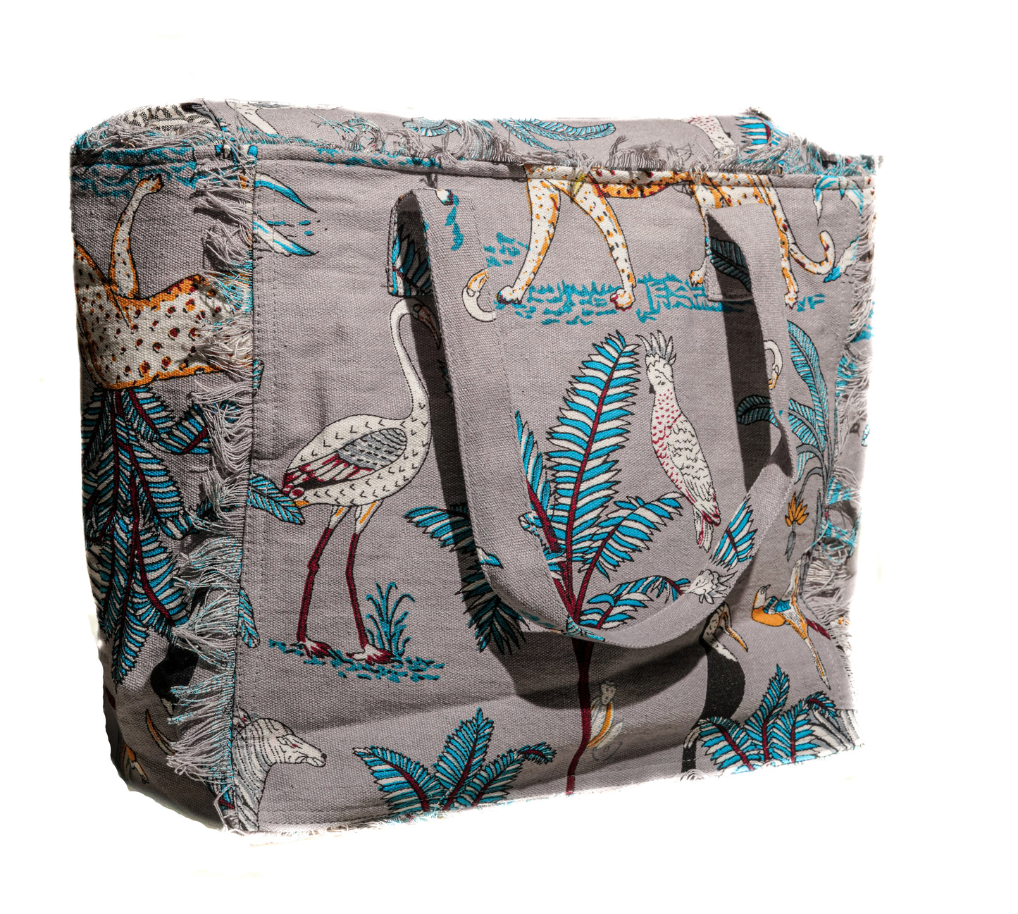 Cotton Jungle Print Tote Bag in Pale Grey