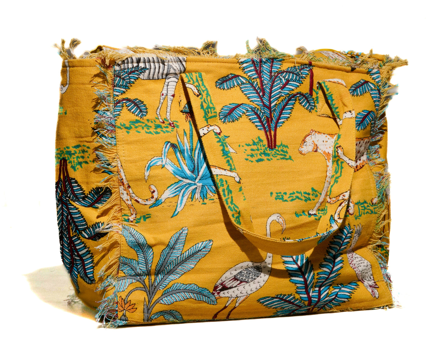 Cotton Jungle Print Tote Bag in Mustard Yellow