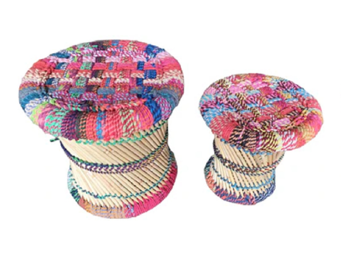 Marais Woven Cane Mudda Stool Set in Chindi