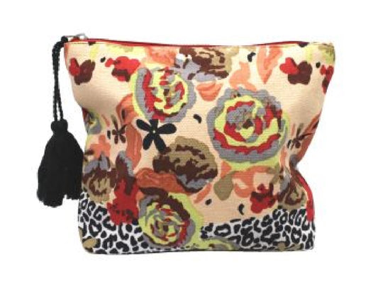 Cotton Cosmetic Pouch with Floral and Leopard Pattern