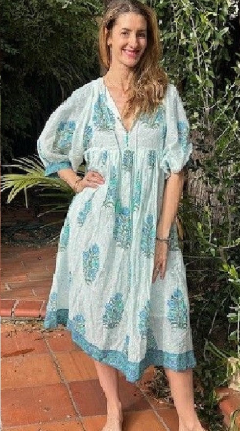 Cotton Voile Blue & Turquoise Block Print Midi Dress