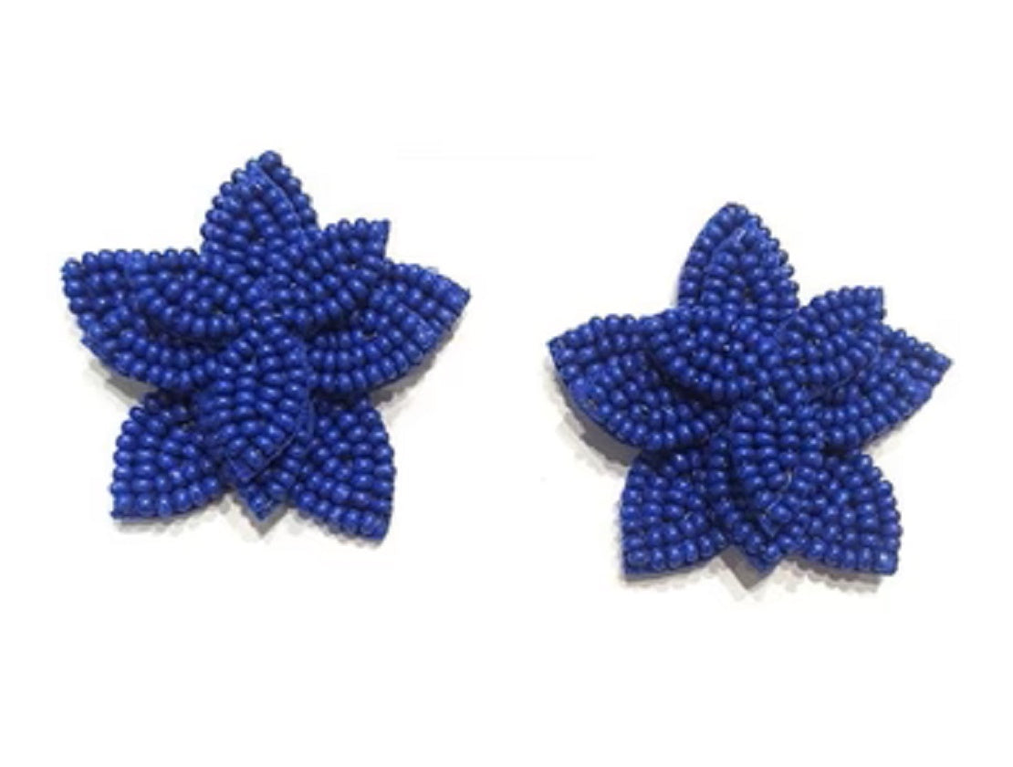 Hand Beaded Blue Floral Earrings