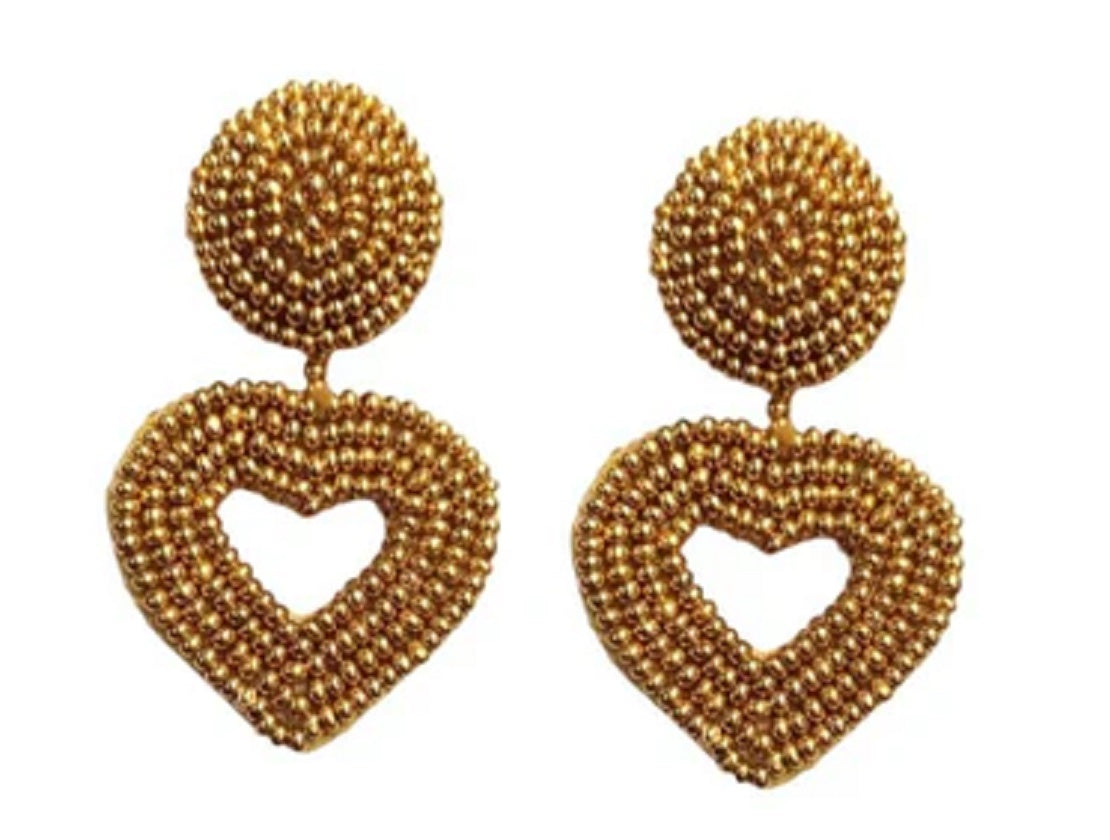 Gold Beaded Heart Earrings