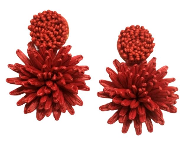 Coral Red Raffia Floral Earrings