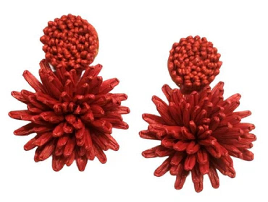 Coral Red Raffia Floral Earrings