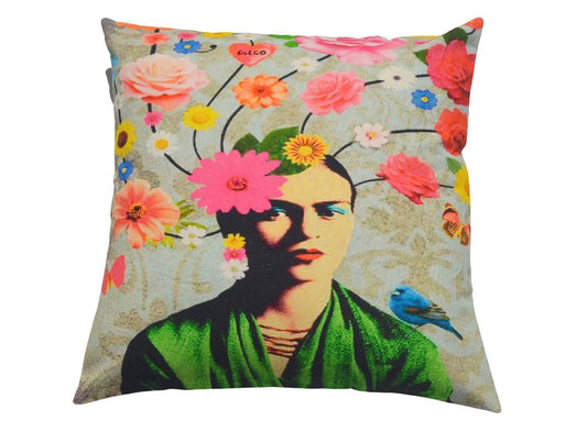 Grey floral Frida kahlo cushion