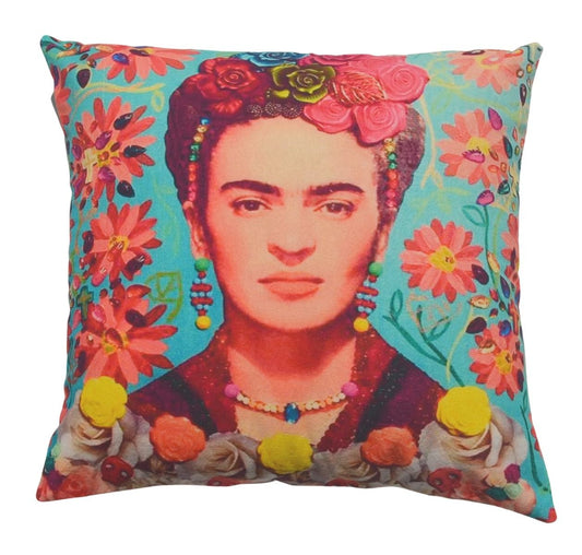 Blue floral frida kahlo cushion