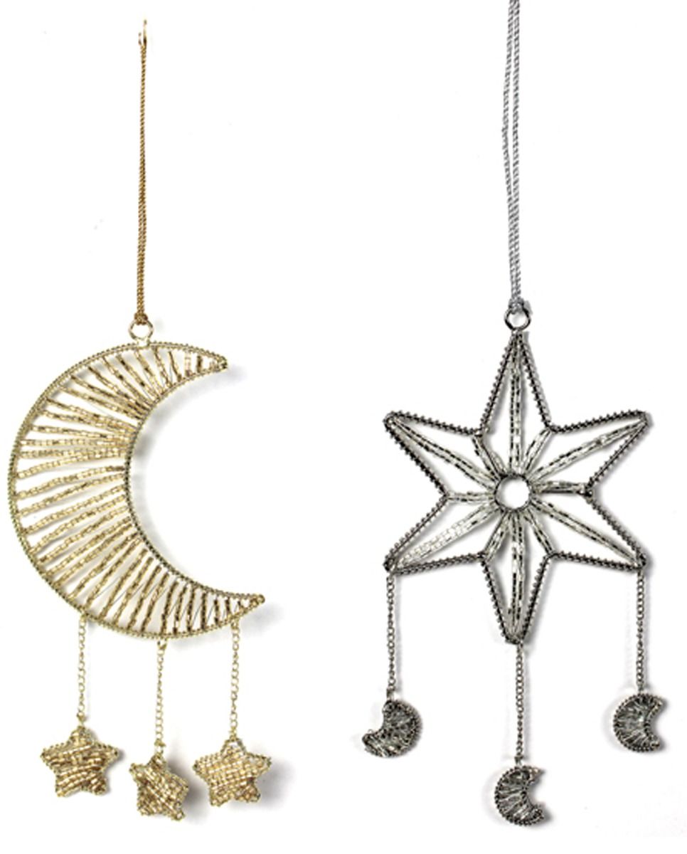 Set of 2 Beaded Hangings Moon & Star