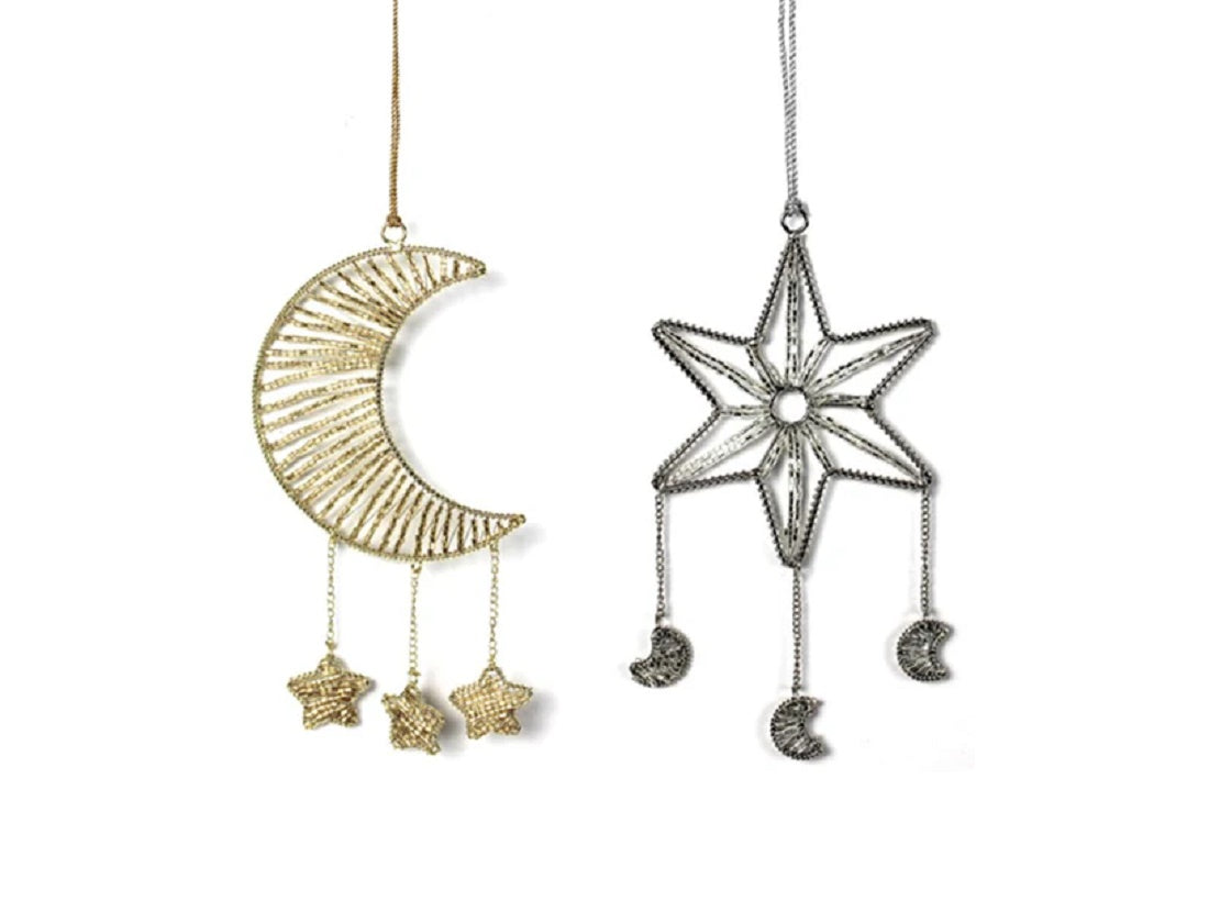 Set of 2 Beaded Hangings Moon & Star
