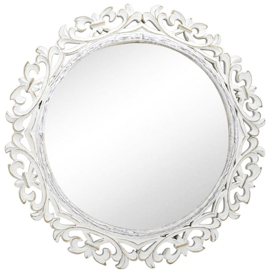 Hand Carved White Washed Round Mirror