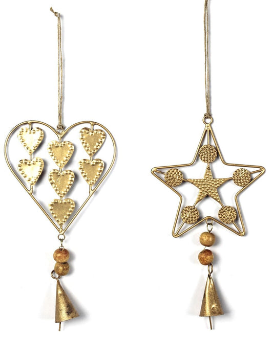 Set of 2 Beaded Brass Heart and Star Hangings