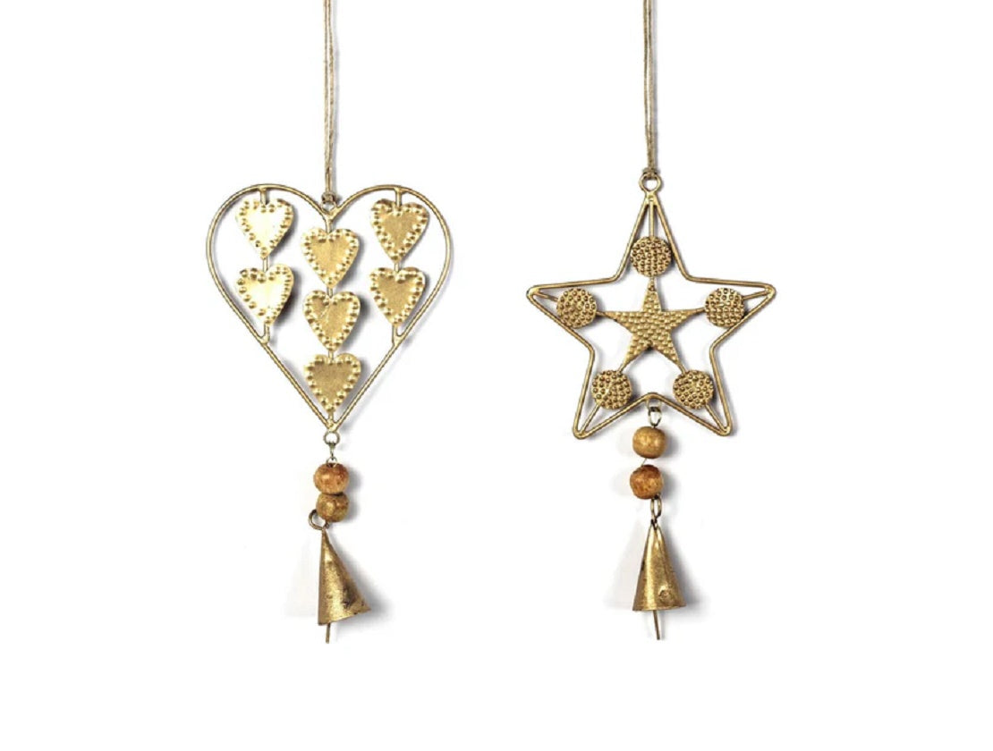 Set of 2 Beaded Brass Heart and Star Hangings