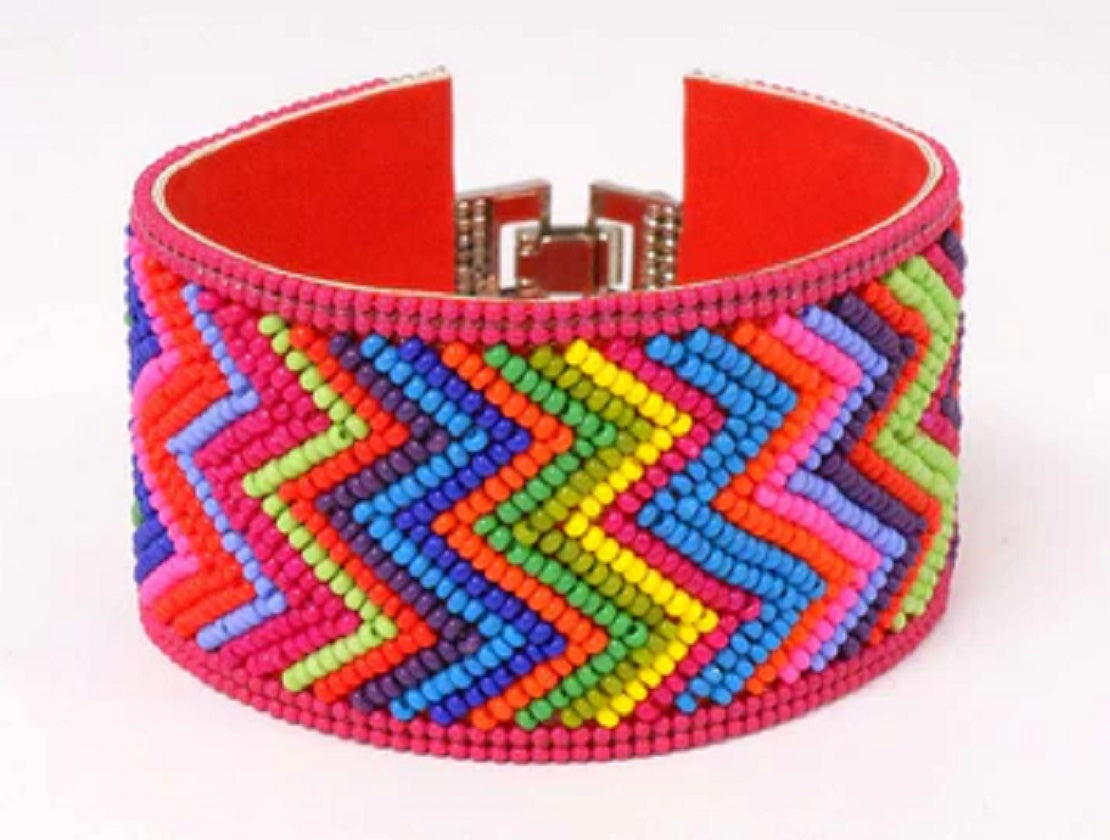 Multi Coloured Hand Beaded Chevron Bracelet