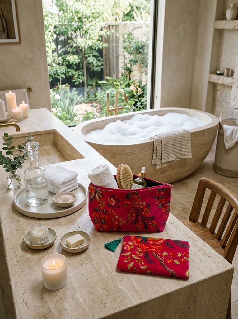 Velvet Chintz Pouch Duo in Fuchsia