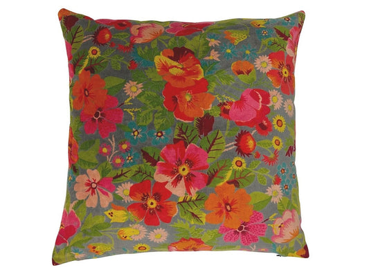 Grey Velvet Cushion with Floral Design