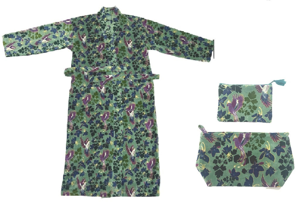 Luxe Velvet Kimono & Cosmetic Bag Set in Sage
