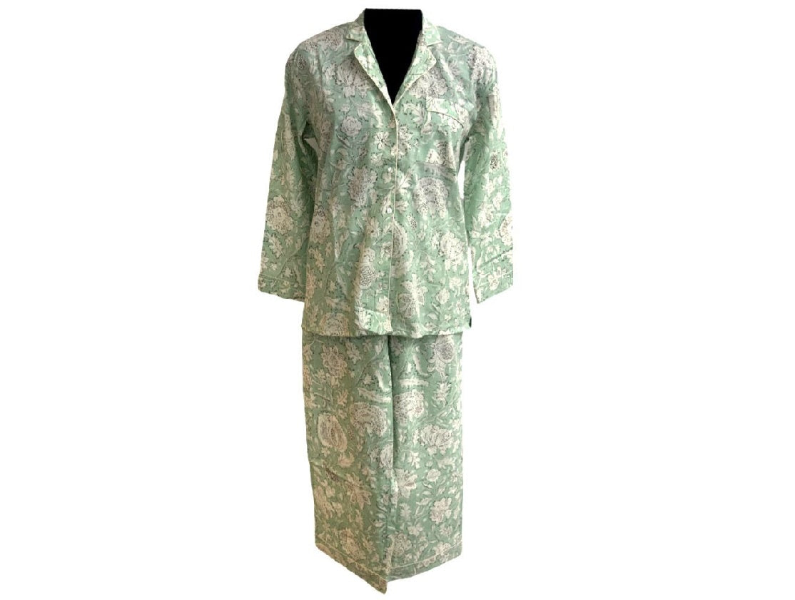 Quality Cotton Pyjamas in Sage & White Printed Pattern