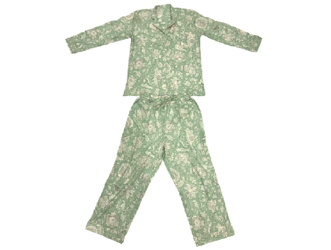 Quality Cotton Pyjamas in Sage & White Printed Pattern