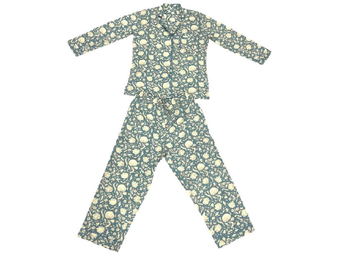 Quality Cotton Pyjamas in Blue Steel Block Print