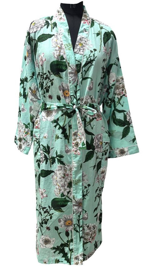 Quality Cotton Kimono in Turquoise with White Florals