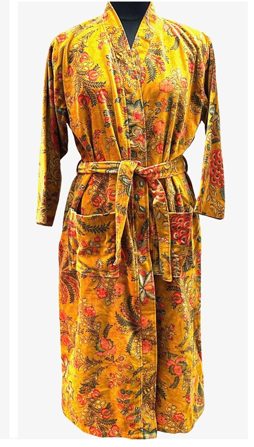 Luxurious Ochre Floral Velvet Kimono Robe