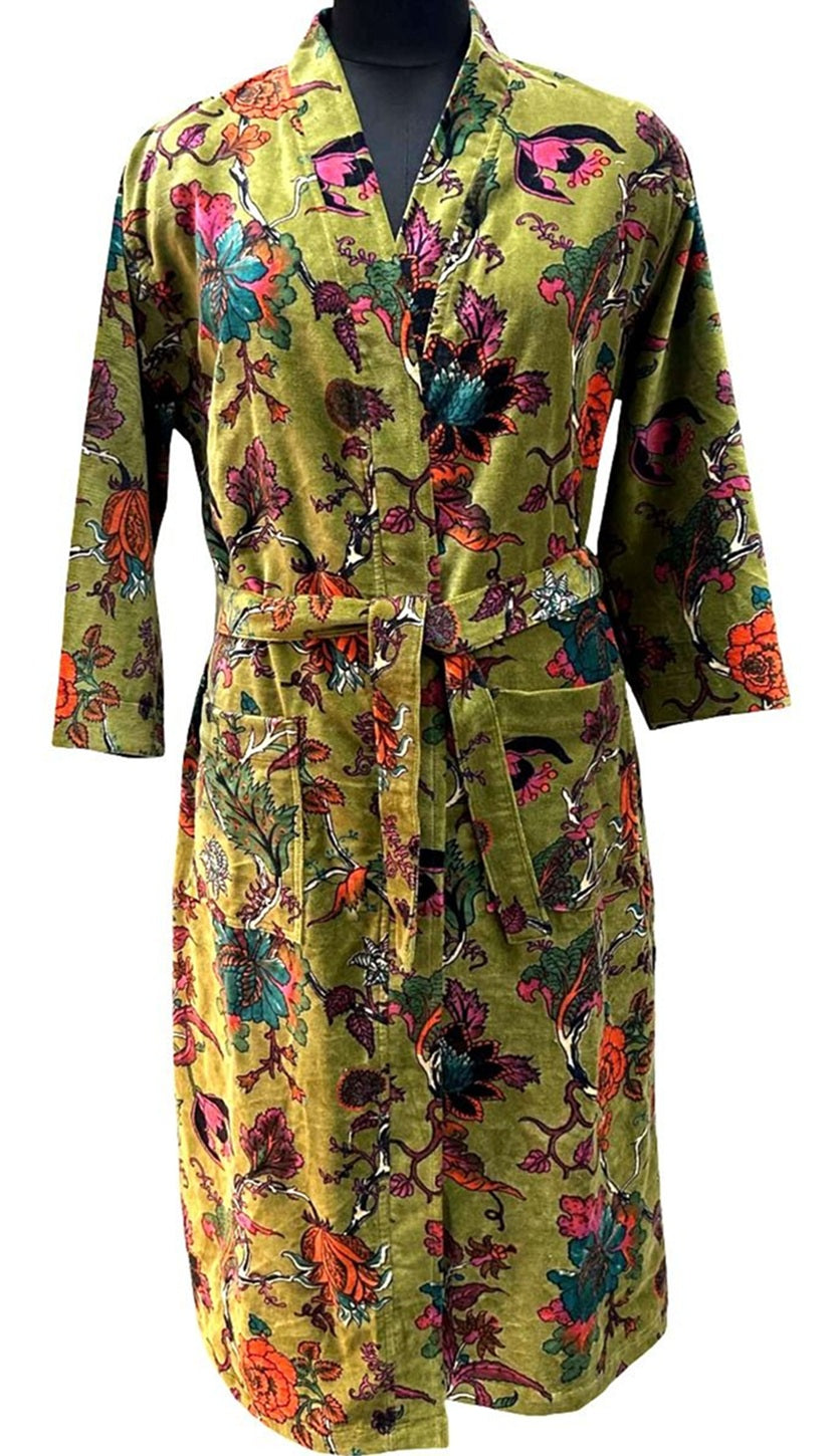 Exquisite Olive Floral Velvet Kimono Robe