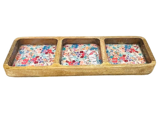 Wooden triple serving bowl with floral design