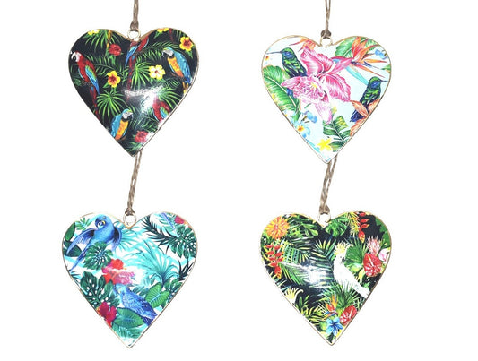 Set of 4 Hearts with Tropical Bird Design