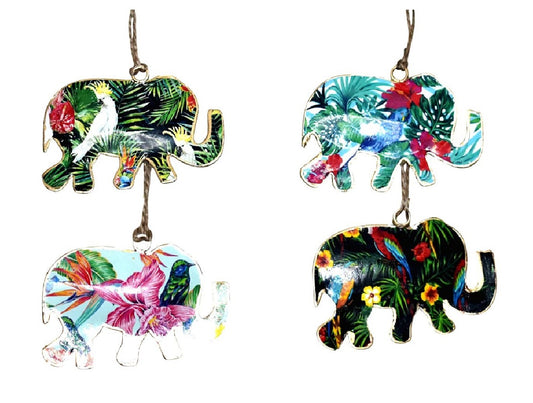 Set of 4 Elephants with Tropical Bird Design