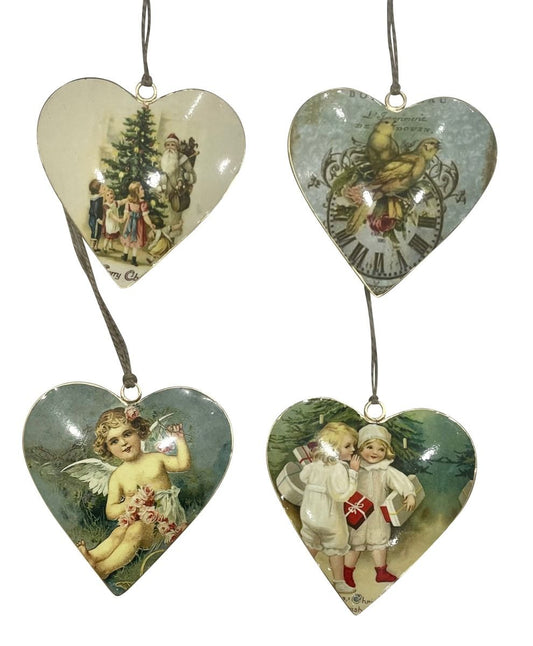 Set of 4 Handcrafted Heart Hangings with Antique Christmas Design