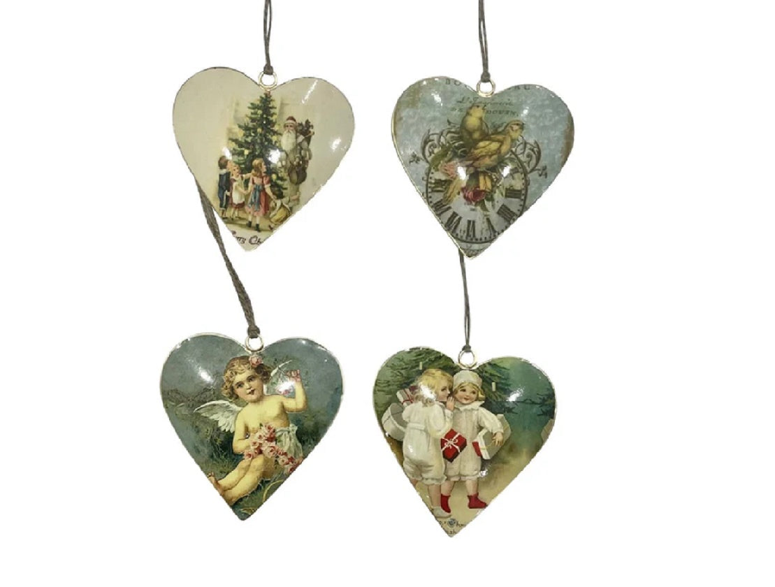 Set of 4 Handcrafted Heart Hangings with Antique Christmas Design