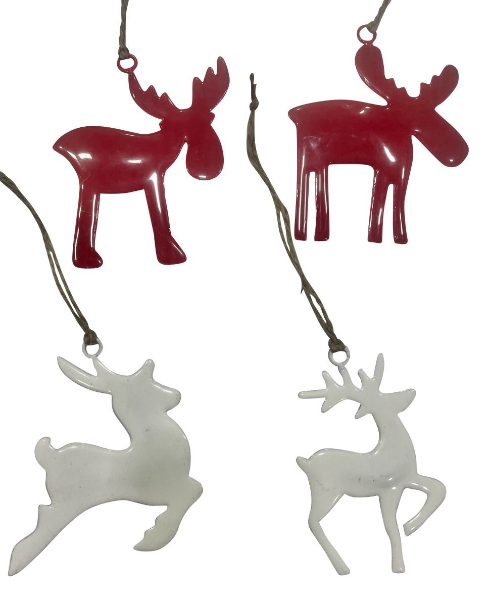 Set of 4 Red & White Moose and Reindeer Hangings