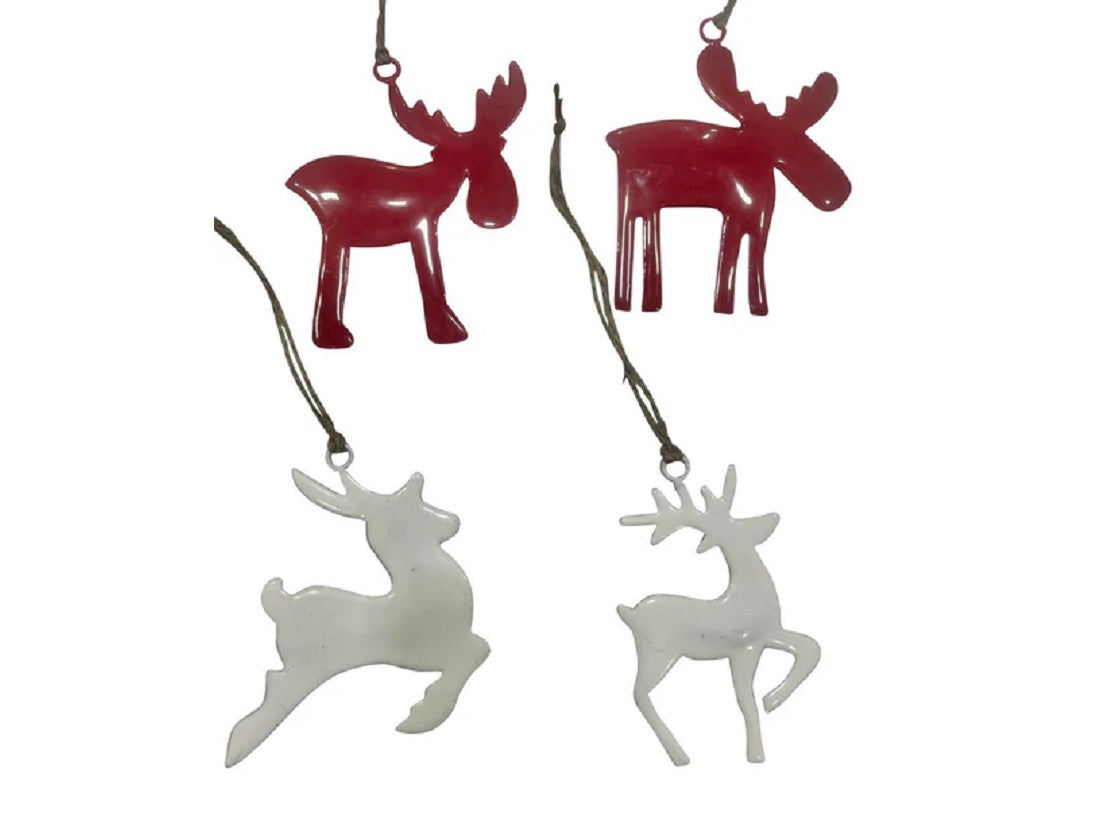 Set of 4 Red & White Moose and Reindeer Hangings