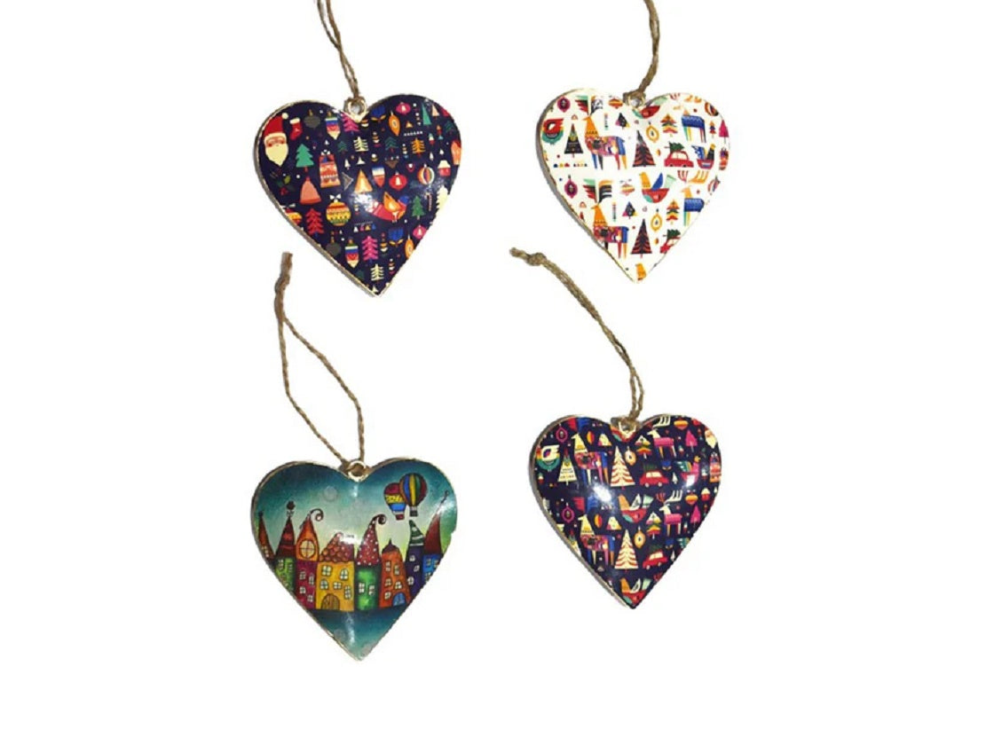 Set of 4 Handcrafted Heart Hangings with Holiday Season Design
