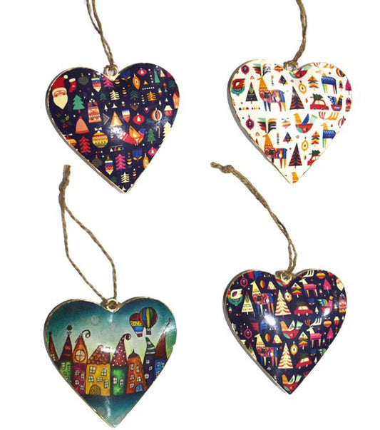 Set of 4 Handcrafted Heart Hangings with Holiday Season Design