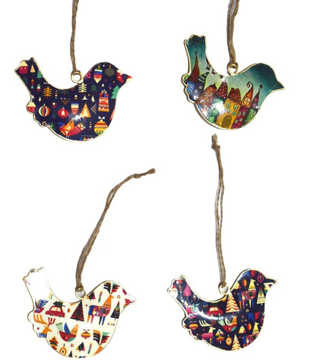 Set of 4 Handcrafted Bird Hangings with Holiday Season Design