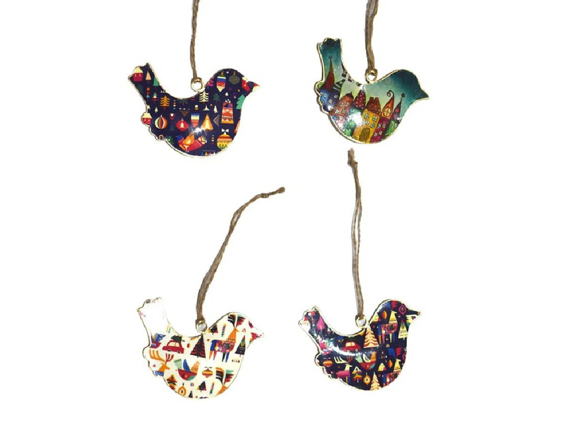 Set of 4 Handcrafted Bird Hangings with Holiday Season Design