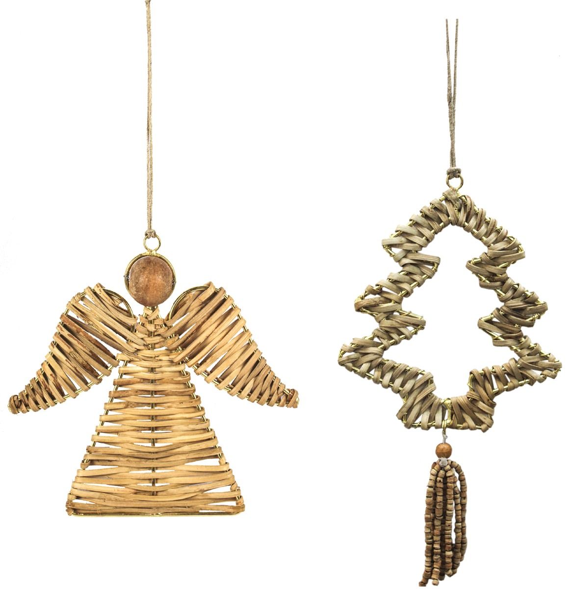 Set of 2 Rattan Hangings Angel and Christmas Tree