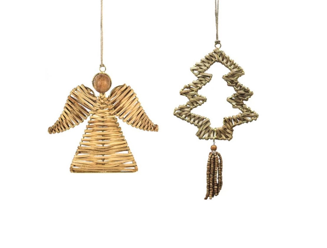 Set of 2 Rattan Hangings Angel and Christmas Tree