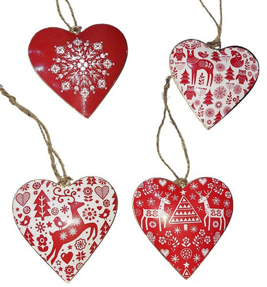 Set of 4 Red & White Christmas Heart Hangings