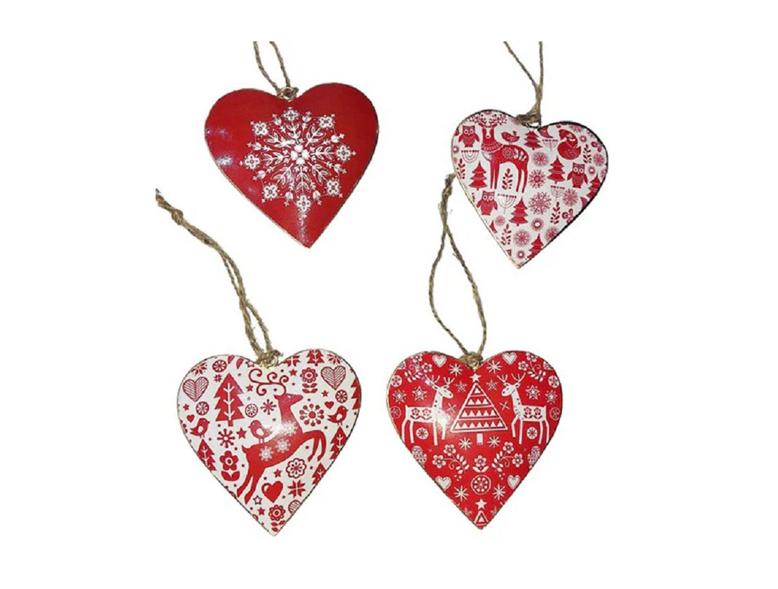 Set of 4 Red & White Christmas Heart Hangings