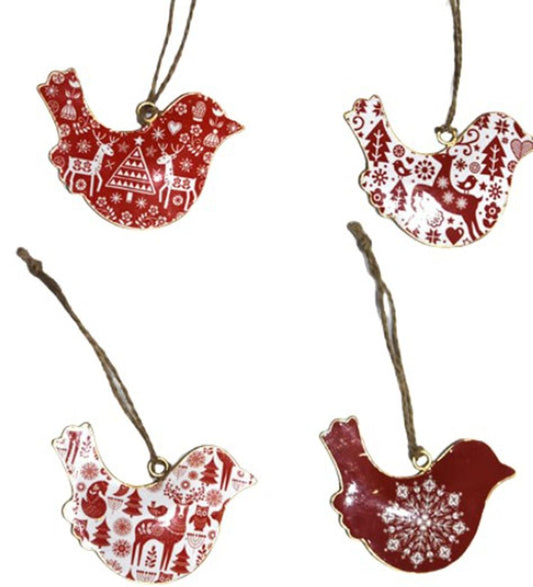 Set of 4 White & Red Christmas Birds Hangings