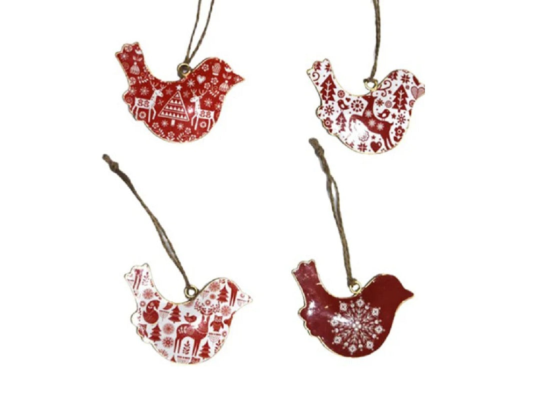 Set of 4 White & Red Christmas Birds Hangings