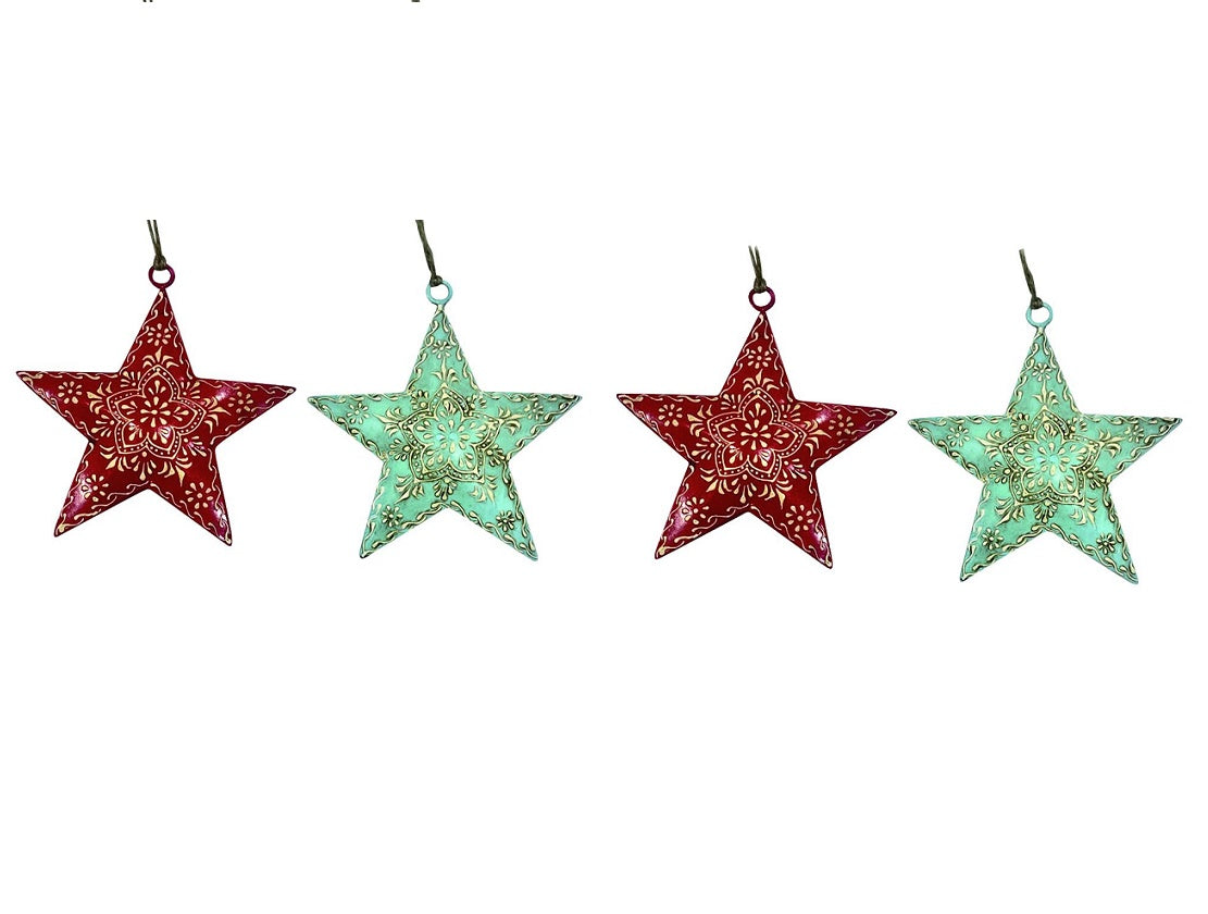 Set of 4 Red & Mint Green Star Hangings