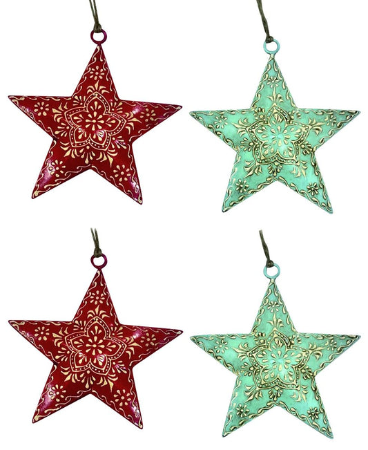 Set of 4 Red & Mint Green Star Hangings