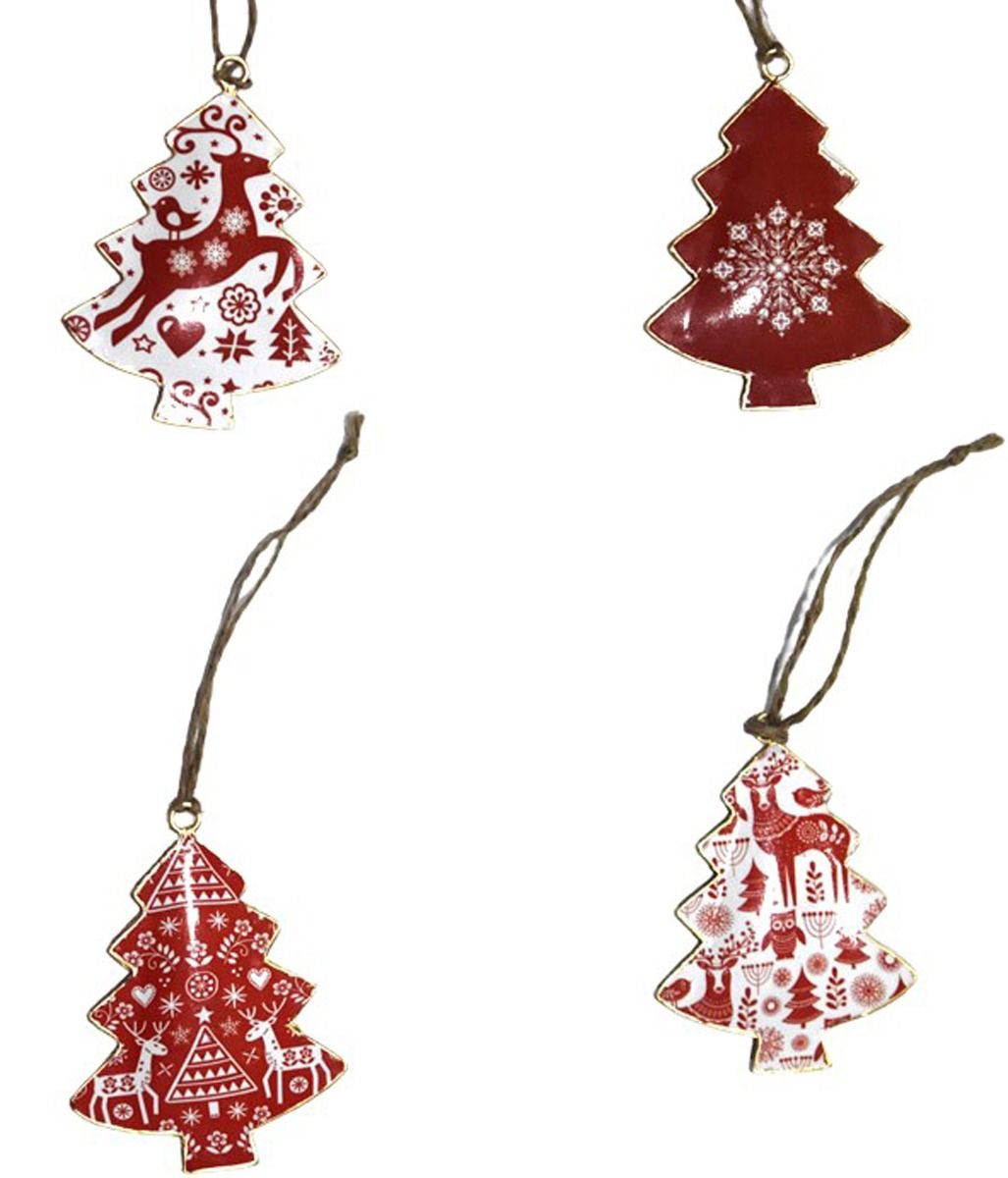 Set of 4 Red & White Christmas Tree Hangings