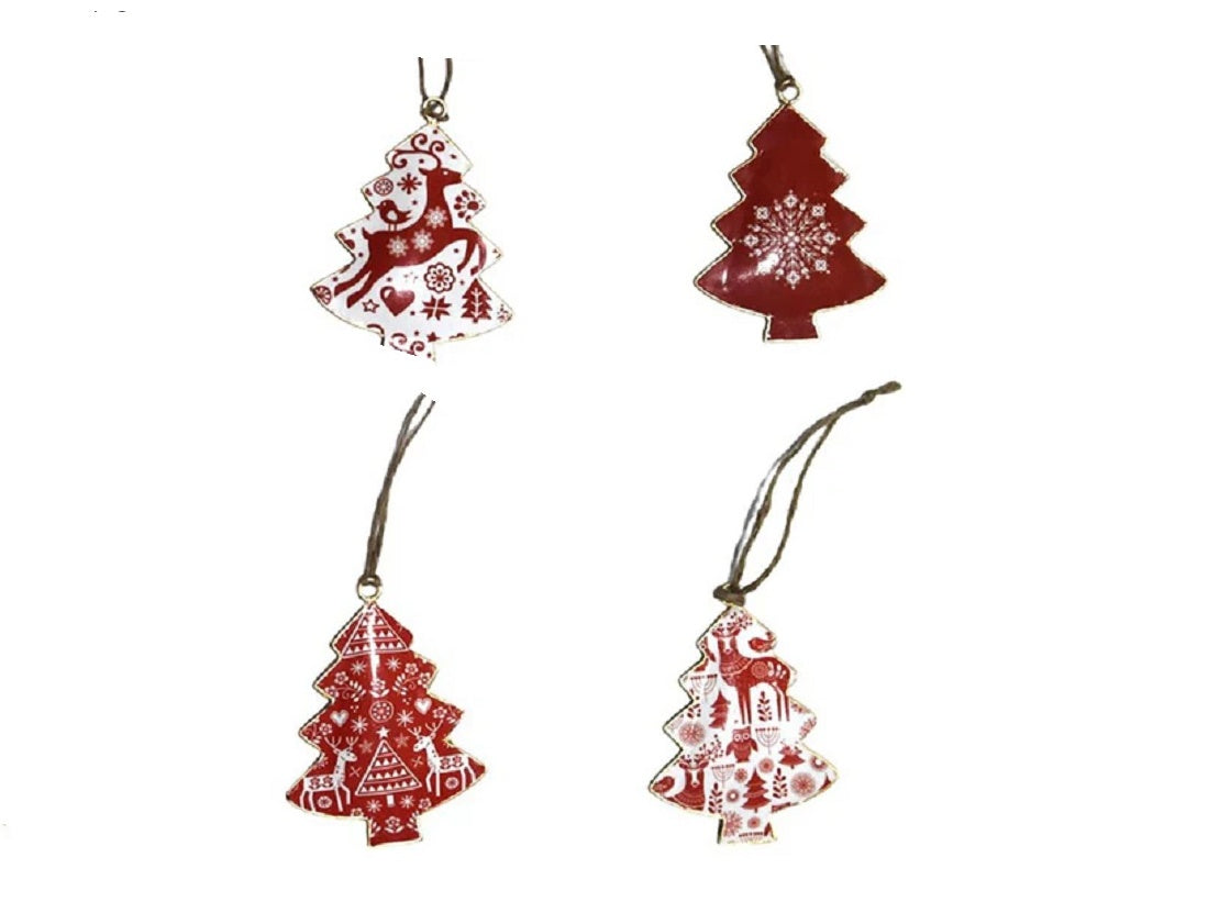 Set of 4 Red & White Christmas Tree Hangings