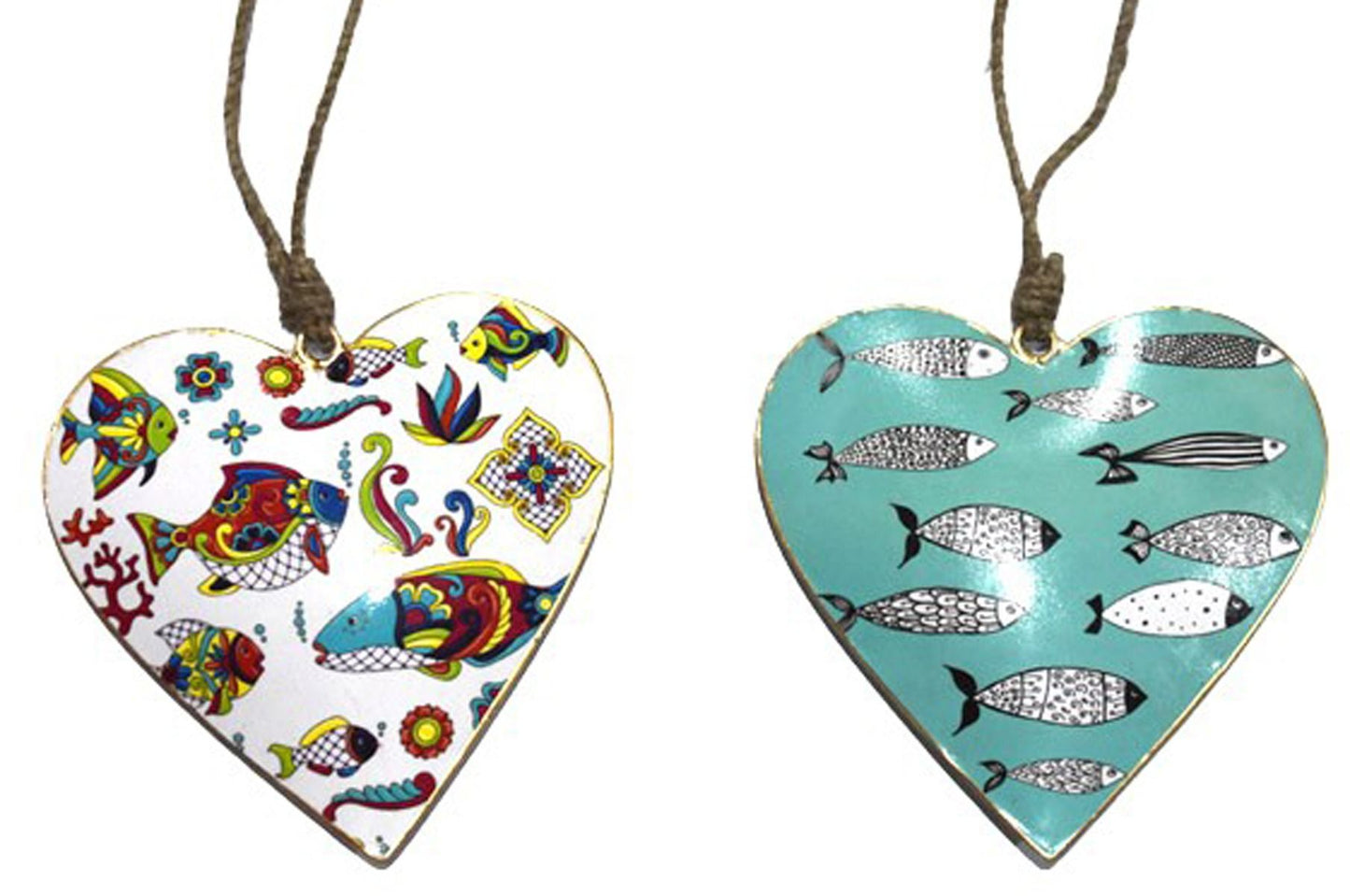 Set of 2 Coastal Hearts with Fish Design