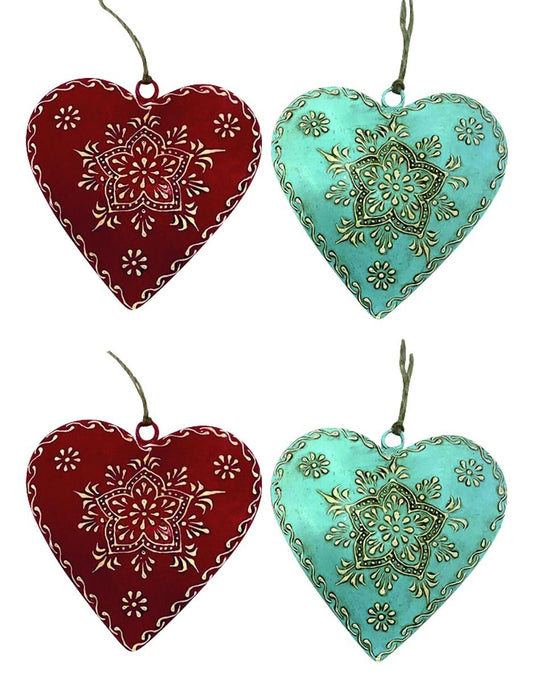 Set of 4 Red & Mint Green Heart Hangings