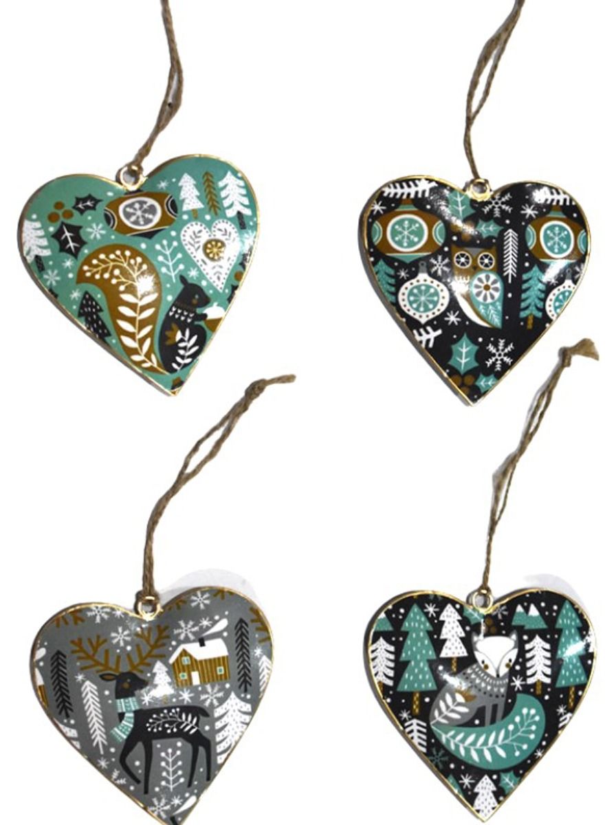 Set of 4 Heart with Pine Tree & Animal Design